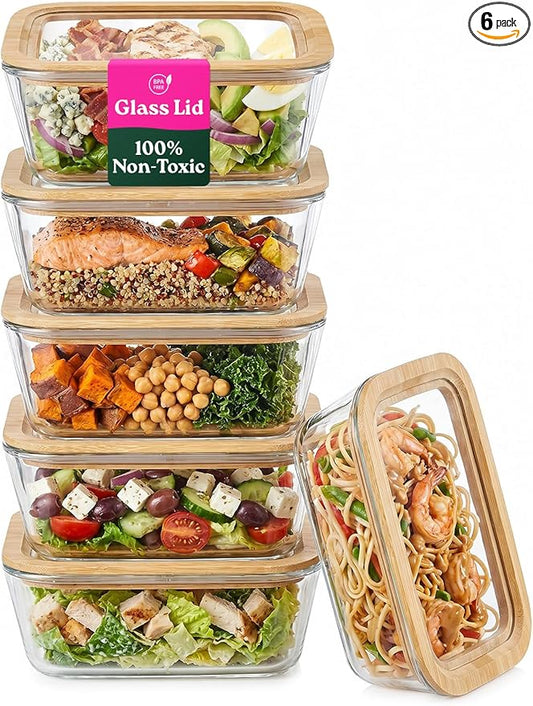 6-Pack Glass Food Storage Containers with Clear-Top Bamboo Lids – Plastic Free 27 Oz Glass Meal Prep Containers for Lunch, Eco Friendly Airtight Food Storage, Microwave & Freezer Safe