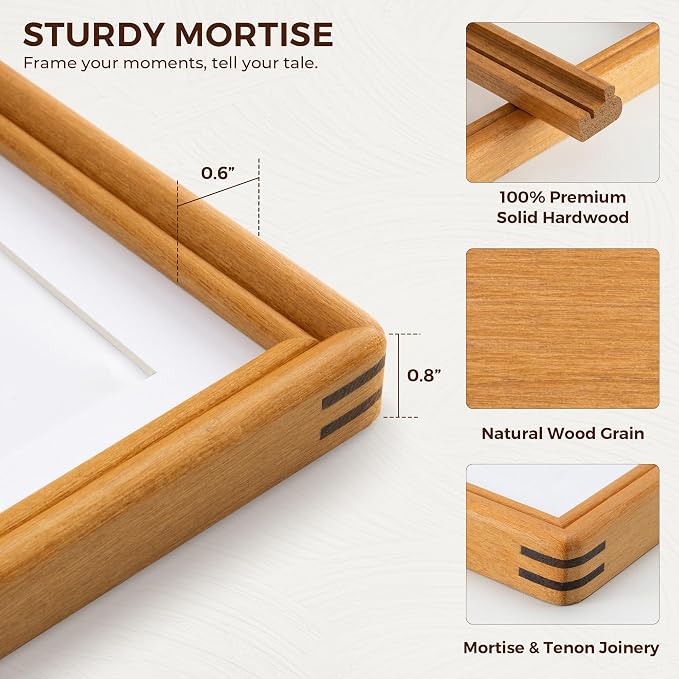 12x16 Picture Frame with Mat for 8.5x11, USA-Sourced Natural Teak Wood Handcrafted Rounded Corner with HD Tempered Glass, 12 x 16 Photo Frames Gallery Wall & Tabletop, Vertical or Horizontal Display
