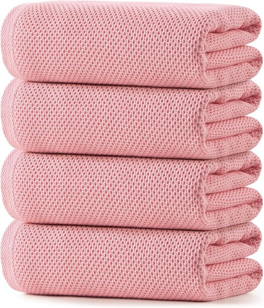 REDKISS 100% Cotton Waffle Weave Bath Towels 4 Pack - 27.5x55 Inches| Lightweight, Quick Dry & Highly Absorbent,Perfect for Spa, Gym, Travel, Guest Bathroom-Pink