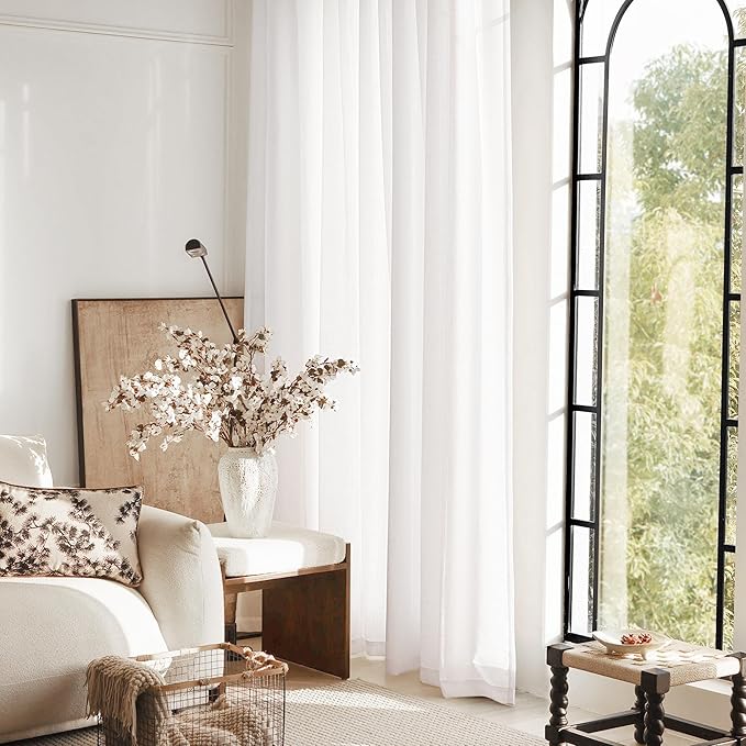 White Curtains 102 inches Long 2 Panels Back Tab Light Filtering Cotton Textured Curtain Modern Farmhouse Coastal Decor Off White Linen Drapes 102 inch Length for Patio Sliding Door Office Bedroom