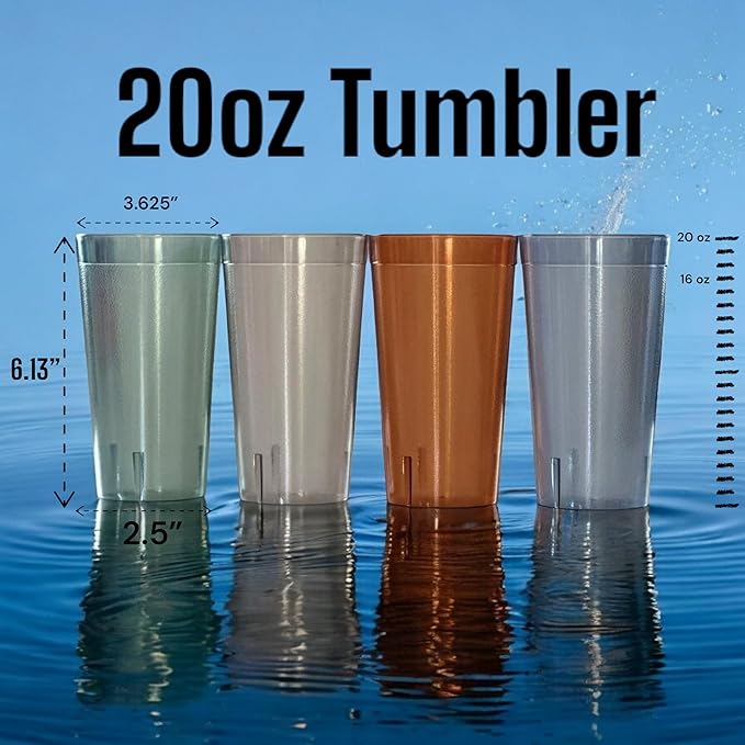 Oojami Set of 16 Plastic Tumblers, 20-Ounce Reusable Cups, BPA-Free & Shatterproof, Stackable Restaurant-Style Drinking Glasses for Water, Juice, and Everyday Use, Dishwasher Safe 20 oz