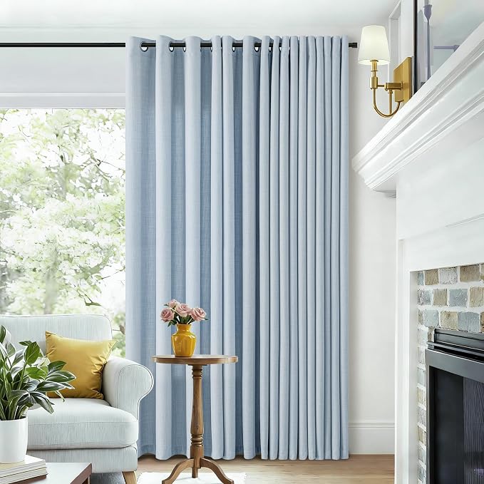 Faux Linen Blue Curtains for Bedroom Semi Sheer Light Non See Through Privacy Bronze Grommet Coastal Modern Boho Dusty Blue Floor to Ceiling 102 Inch Long Curtains Large Window Drape 52x102
