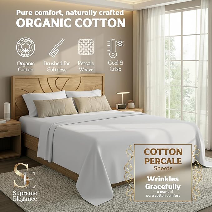 Supreme Elegance 4 Pieces 100% Organic Cotton Full Bed Sheets Set, Cooling Percale Weave for Hot Sleepers, Brushed for Softness, Crisp & Breathable Sheets Set, 16" Deep Pocket Fitted Sheet, Snow White