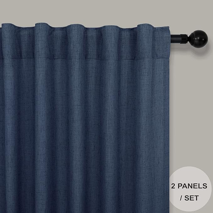 Navy Blue Curtains 72 Inch Length for Living Room Pair Set Back Tab Pocket Linen Panel Light Filtering Semi Sheer Dark Blue Curtains for Bedroom Door Picture Window Village Apartment Canopy 52x72 Long