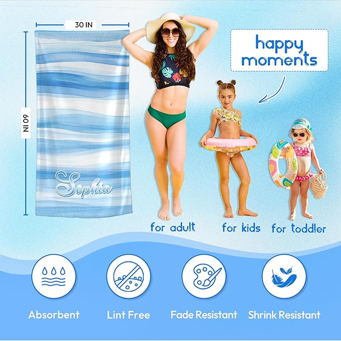 JML Custom Beach Towel with Name, Personalized Microfiber Beach Towel with Name, Large, Soft, Quick Dry & Absorbent for Swim, Pool,Adult,Summer Holiday,Vacation,Travel,Gift for Anniversary, Birthday