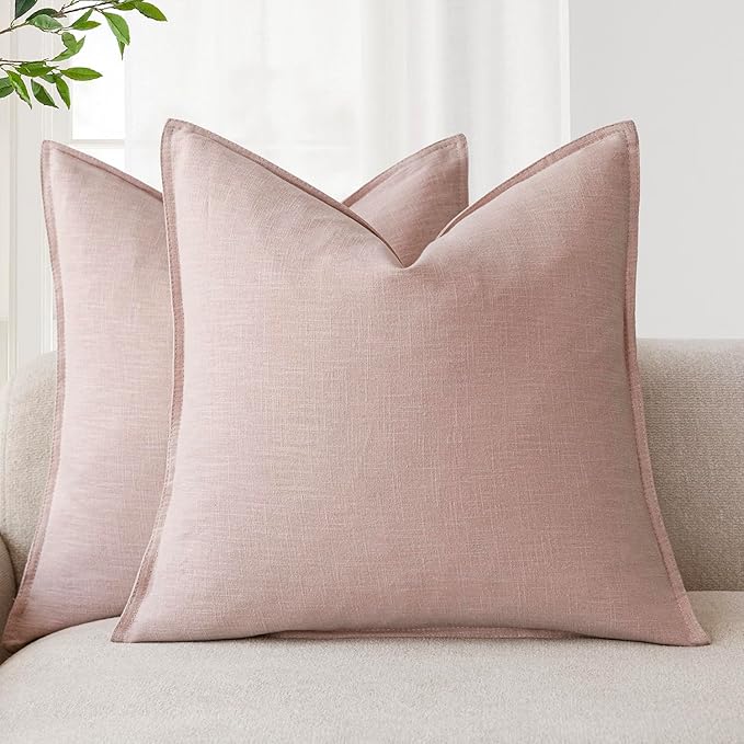 Foindtower Pack of 2, Decorative Linen Solid Throw Pillow Covers Soft Accent Cushion Case Boho Farmhouse Pillowcase for Chair Couch Sofa Bedroom Living Room Home Decor 18 x 18 Inch Light Pink