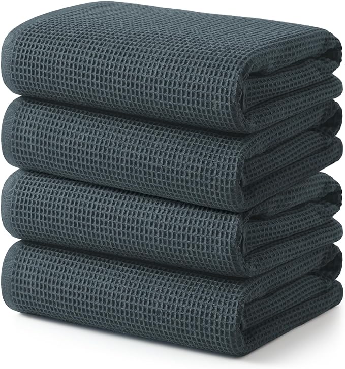 ecolook 4 Pack Waffle Bath Towel Set, 100% Cotton Lightweight & Quick-Dry Bath Towels, Ultra-Absorbent and Breathable, Lint-Free Hotel & Spa Towels for the Bathroom, Gym, and Travel - Gray