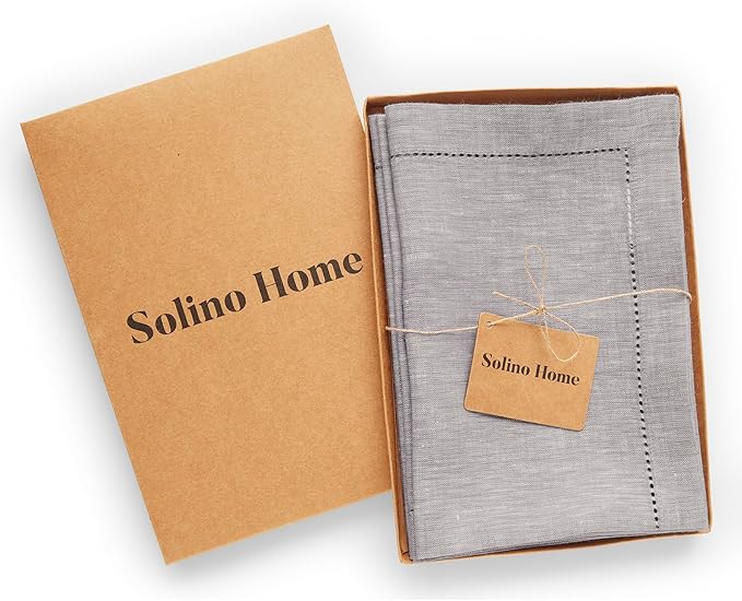 Solino Home Oyster Grey Linen Napkins Set of 4-100% Pure Linen Hemstitch Dinner Napkins 20 x 20 Inch for Summer - Milan
