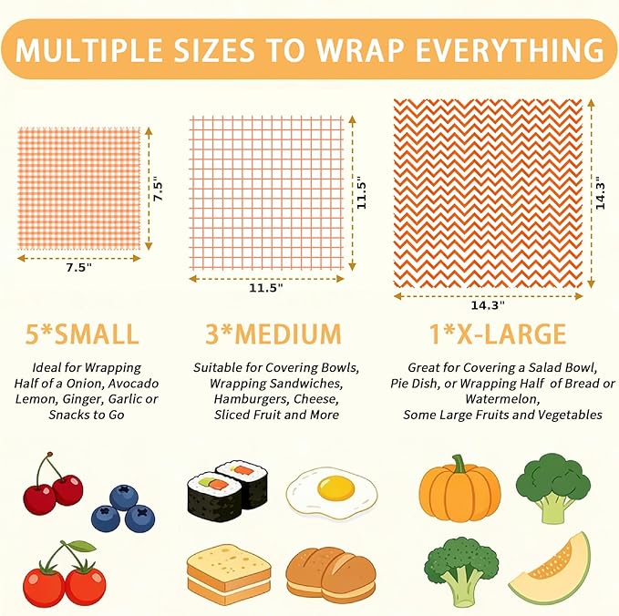 Reusable Beeswax Wraps, 9 Pack Eco-Friendly Food Storage, Organic, Sustainable, Zero Waste, Plastic-Free, Sandwich, Snack, Bowl Cover, 1XL, 3M, 5S, Orange Chevron Grid Gingham Patterns
