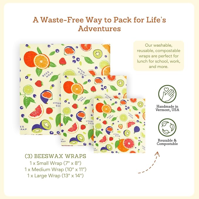 Bee's Wrap Beeswax Wraps for Food - 3 Pack of Assorted Beeswax Wraps - Small, Medium & Large Wrap - Plastic Free Made in USA Reusable Natural Food Wrap - Fresh Fruit Print