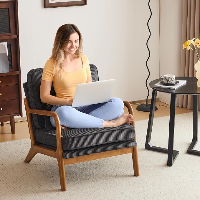 Karl home Mid-Century Modern Accent Reading Chair, Dark Grey | Corduroy Upholstered, Solid Wood Frame, Soft Cushion, Lumbar Pillow, Lounge Armchair for Living Room, Bedroom, Balcony, Study
