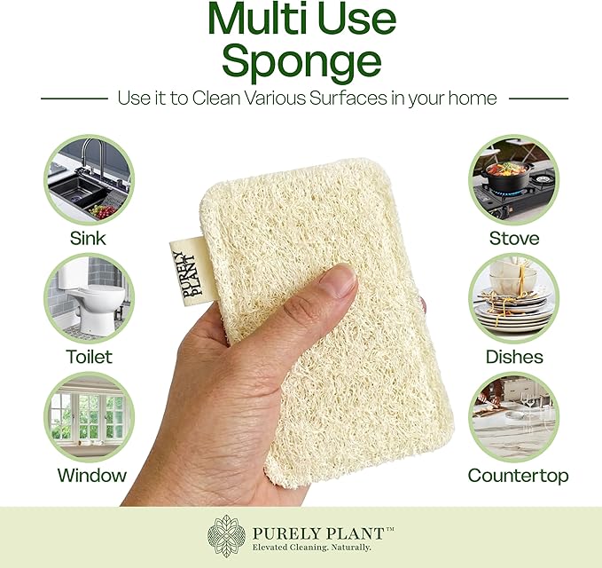 Purely Plant Loofah Dish Sponge 4 Pack– Loofah & Cellulose Premium Kitchen Scrubber, Non Toxic, 100% Plastic Free,Compostable & Biodegradable,Durable, Non-Scratch Scouring Luffa for Dishes, Sink&Tile