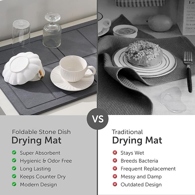 Large Stone Drying Mat for Kitchen Counter+Sink Caddy, 100% Natural Stone Dish Drying Mat, Quick Drying, Non-Toxic, BPA-Free, JIGSAW Drying Matt Kitchen Counter (Dark Gray 24"×16" & 8"x4")