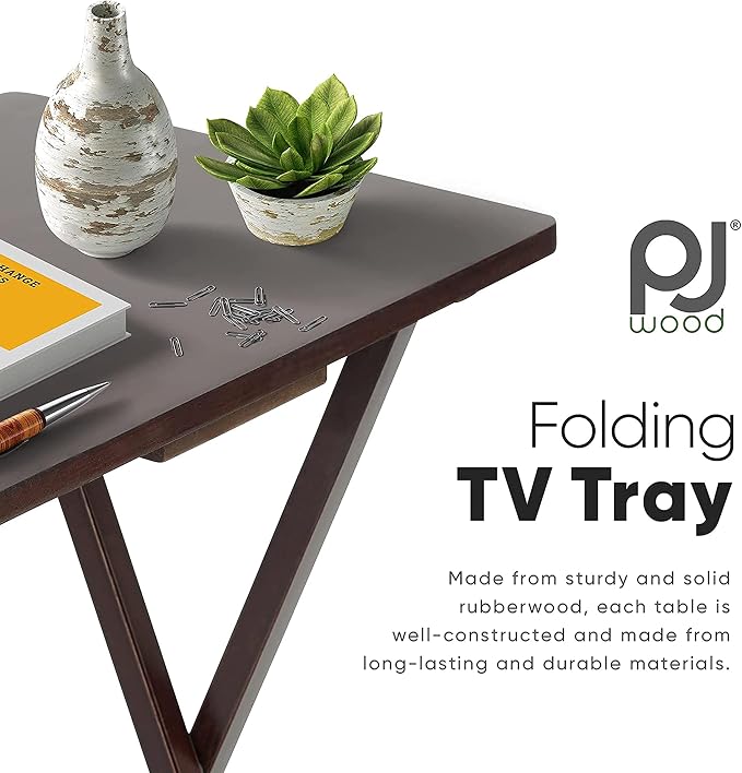 PJ Wood 2-Pack Folding TV Tray Set, Espresso- Collapsible Portable Snack Serving Tables, Home Furniture for Living Room, Bedroom, and Kitchen