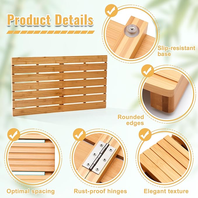 Foldable Bamboo Bath Mat for Shower, 31.49" x 17.71" in Non-Slip Wood Bathroom Rug, Quick-Dry Waterproof Carpet for Indoor Outdoor Use by Sink, Tub, Pool