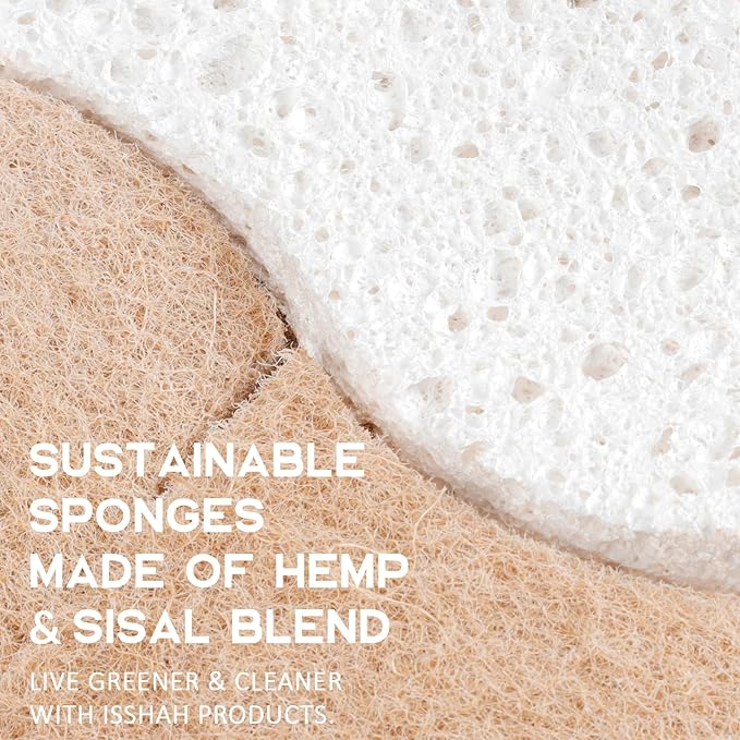 Isshah Plant-Based Natural Kitchen Sponges for Dishes- FSC Certified and PETA Approved, 12 Count