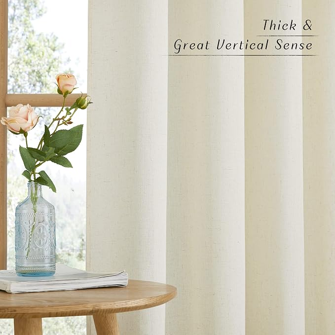 NICETOWN Short Thick Linen Curtains for Windows 54 inch Long, Rod Pocket & Back Tab Boho-Chic Privacy Added Semi Sheer with Light Filtering for Bedroom/Nursery, Off White, 1 Pair, W55 x L54