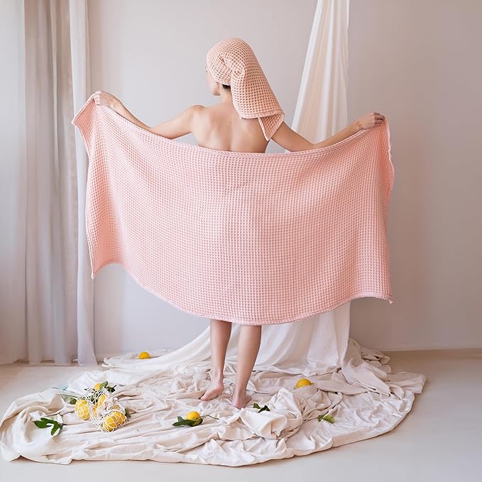 4-Piece Waffle Towels Set for Bathroom - Soft 100% Turkish Cotton Quick-Dry Lint-Free Waffle Weave Thin Bath and Hand Towels (Light Pink, 2 Bath & 2 Hand Towel Set)