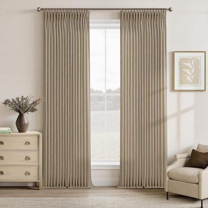 Tan Linen Pleated Curtains 102 Inch Length Camel Beige Neutral Semi Sheer Privacy Back Tab Memory Trained Pinch Pleat Curtain with Hooks Rings Country Linen Textured Drapes for Living Room 2 Panels