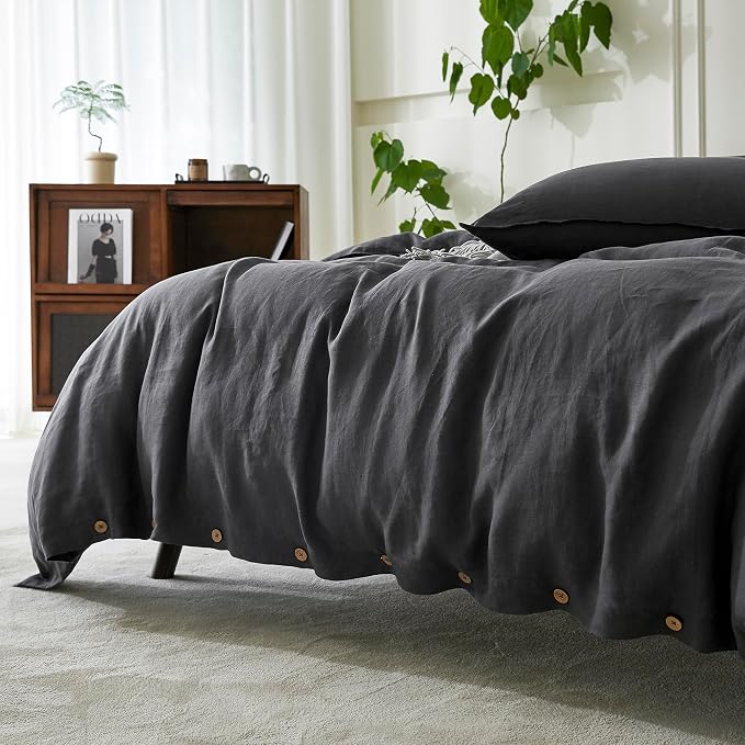 EVERLY 100% Pure Linen Duvet Cover Set Twin Size 68X90Inch 3pcs (1 Duvet Cover,1Pillowcases) Soft and Breathable for All Season with Coconut Button Closure, Suitable for Hot Sleepers-Dark Grey