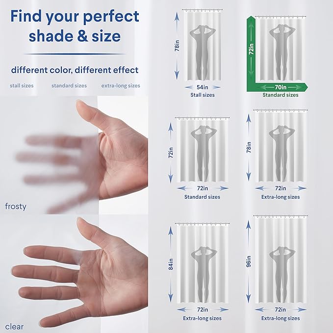 Clorox Shower Curtain Liner, Premium Lightweight Flexible Waterproof 3g PEVA for Bathroom with Weighted Magnets, Standard Size 70" x 72", Frosty 1 Pack