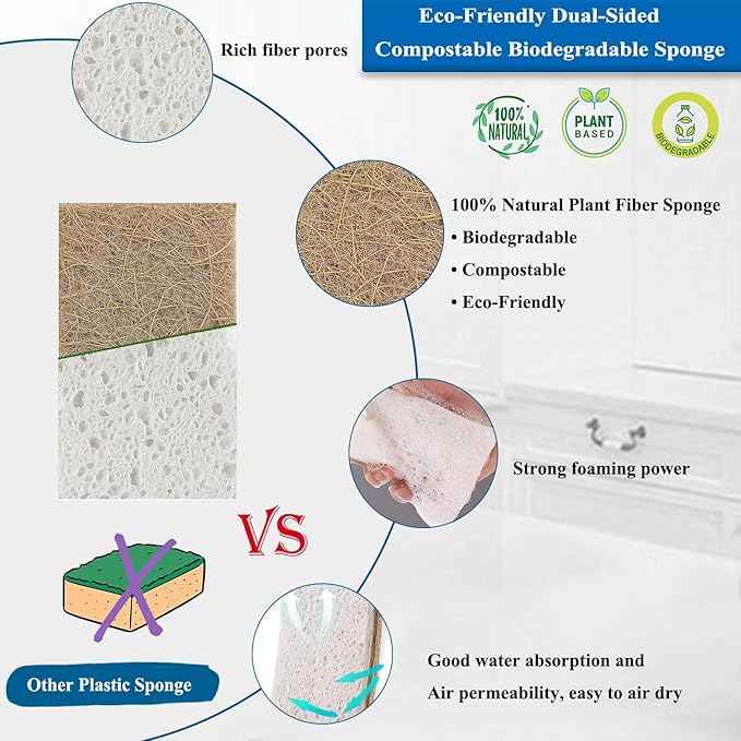 Natural Kitchen Sponges, 12 Pack Eco Biodegradable Compostable Coconut Fiber & Cellulose Heavy Duty Scrub Sponge for Dishes, Organic Non-Scratch Cleaning Sponges for Non Stick Cookware, Pots