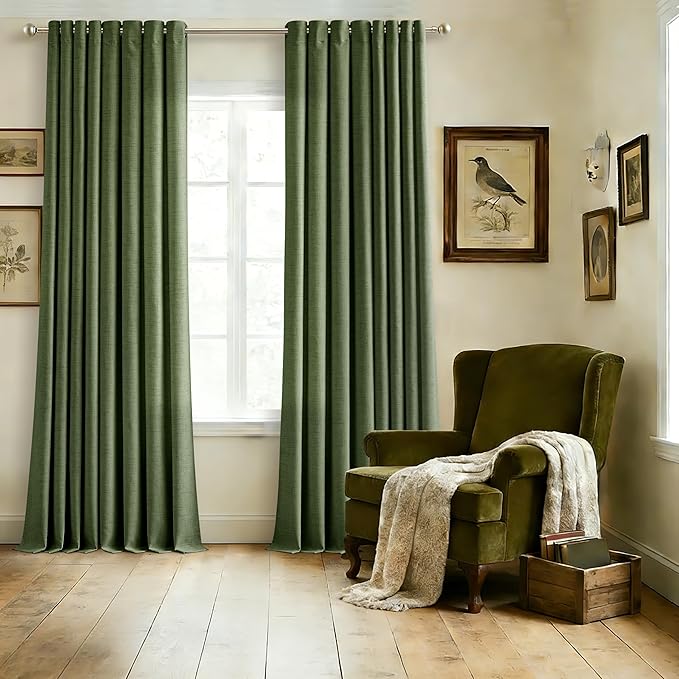 Curtains 108 Inch Length 2 Panels Thick Linen Loden Light Filtering Semi Sheer Grommet Drapes Privacy Non See Through Long Curtain for Villa Hallway 52x108 9 Ft