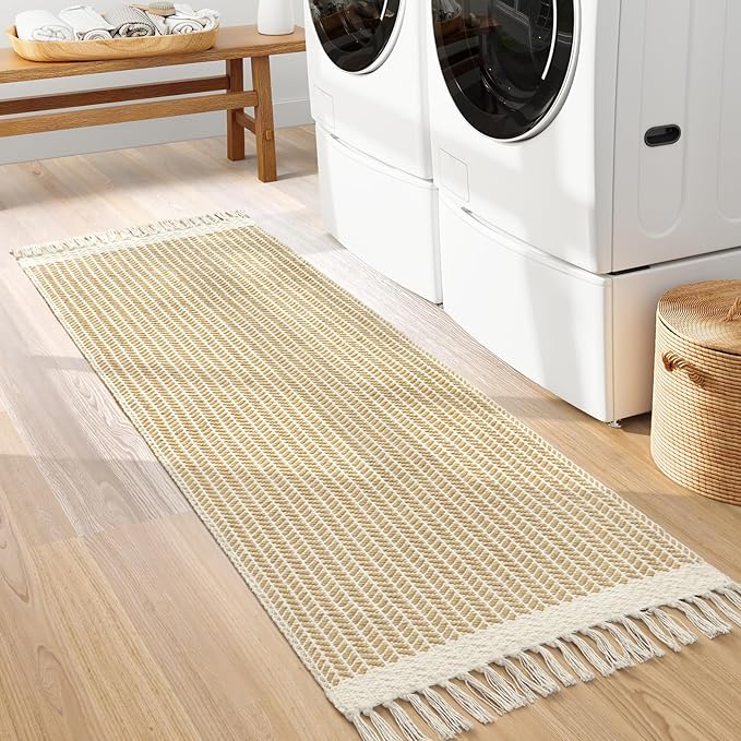 Lahome Belle Boho Bathroom Runner Rug, 2x6 Laundry Room Lightweight Entry Runner Woven Cotton Throw Carpet with Tassels, Farmhouse Non Shedding Washable Rugs Low Pile for Kitchen Hallway, Khaki