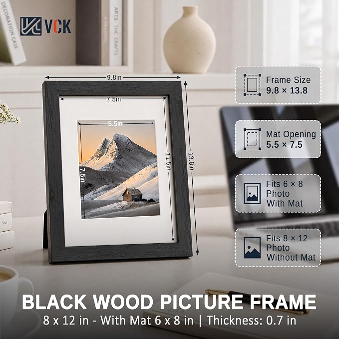 VCK 8x12 Picture Frames Black - 6 Pack, Wide Border Solid Wood, Tempered Glass, Display 6x8 Photo with Mat or 8 x 12 Without, for Home, Office, Gallery, Woodgrain Series, Tabletop & Wall Hanging