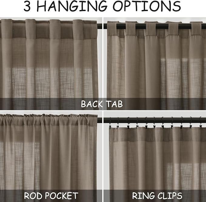Extra Long Curtains 2 Panels 102 Inches Long for Living Room Dark Taupe Back Tab Rod Pocket Light Filtering Semi Sheer Drapes Cotton Linen Textured Window Curtain 102 Inch Length for Bedroom 9 FT