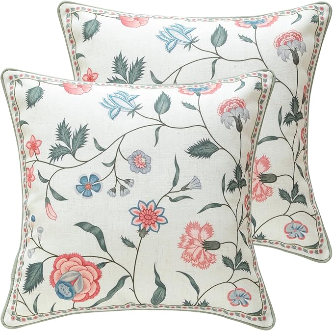 ISAENNE Design Square Retro Elegance Linen Throw Pillow Covers 18"x18" Pack of 2, Green Pink Floral Pattern Cushion Covers Decor Pillowcases for Bed,Living Room,Outdoor,Car