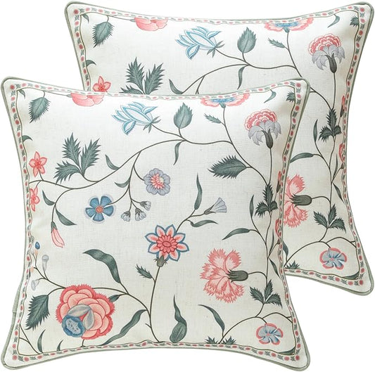 ISAENNE Design Square Retro Elegance Linen Throw Pillow Covers 18"x18" Pack of 2, Green Pink Floral Pattern Cushion Covers Decor Pillowcases for Bed,Living Room,Outdoor,Car