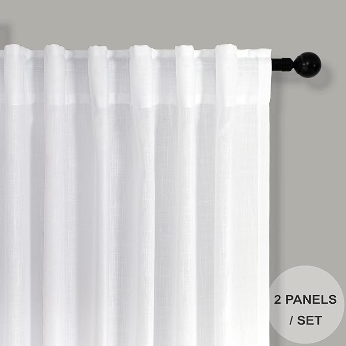 White Extra Long Curtains 9 FT for Living Room 2 Panel Sets Rod Pocket Back Tab Semi Sheer Light Weight Lace Cotton Textured White Linen Curtain for Bedroom Sunroom Picture Window 38 x 108 Inch Length