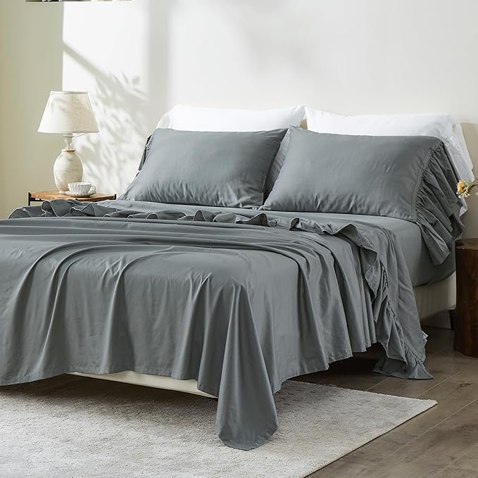 Simple&Opulence 100% Organic Cotton Sheet Set, Long Ruffle Bed Sheets (1 Flat Sheet, 1 Fitted Sheet and 2 Pillowcases) Elegant Shabby Chic Bedding Farmhouse Charming Vintage - Grey, King