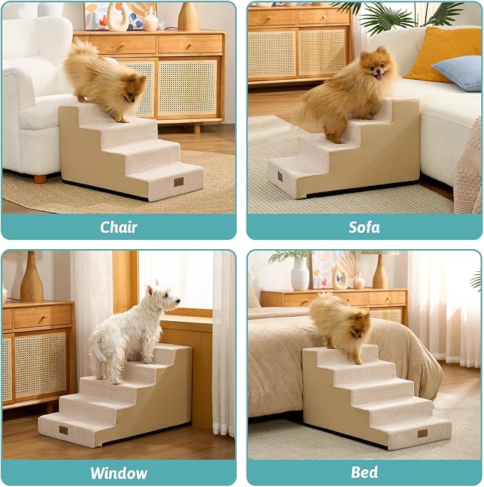 COZY KISS Dog Stairs for Small Dogs 17.7" H, 5-Step Gentle Incline Pet Step for Couch and Beds, Right-Angle Dog Ramp for Puppy Doggie Senior Cats, 17.7x29.5x17.7 Inch, Beige