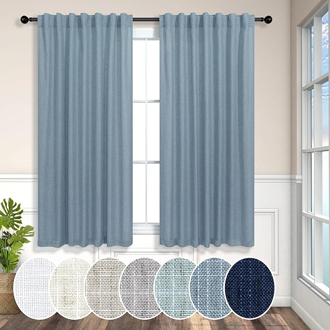 Country Blue Curtains 54 Inch Length for Bathroom 2 Panels Pocket Tab Loops Light Reducing Semi Privacy Energy Efficient Linen Sheer Vintage Blue Curtains for Boys Bedroom Chambray Blue Dusty