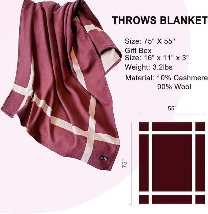 Wool Blanket & Throws 90% Wool Warm Blanket Soft Couch Blankets 75"x55" Twin Throw Blankets for Living Room, Camping, Outdoors, or Car Travel with Exquisite Box for Gift (Maroon)