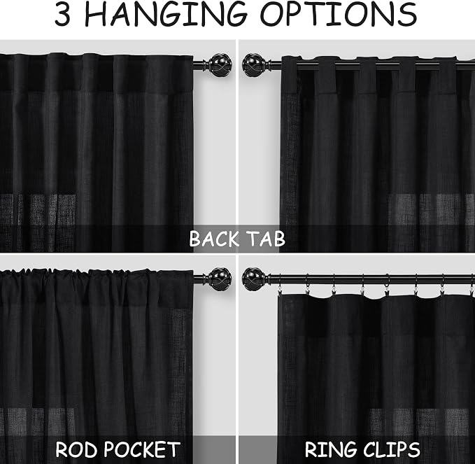 Nanspring 96 Inch Linen Curtains for Living Room Semi Sheer Linen Blended Curtains Back Tab Rod Pocket Light Filtering Simple Modern Black Curtains for Bedroom 60x96,2 Panels