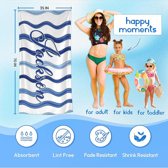 JML Custom Beach Towel with Name, Personalized Microfiber Beach Towel with Name, Large, Soft, Quick Dry & Absorbent for Swim, Pool,Adult,Summer Holiday,Vacation,Travel,Gift for Anniversary, Birthday