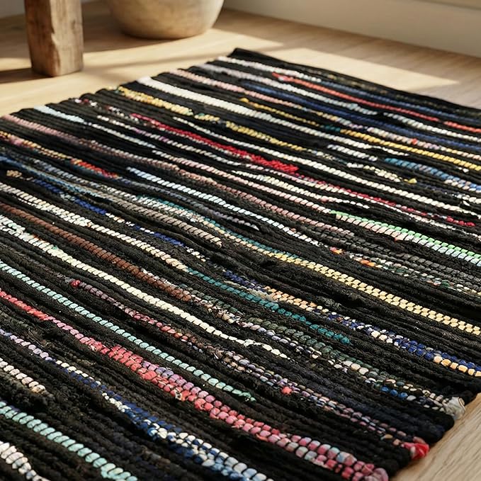 Cotton Hosiery Hand Woven Area Rug 2x3 Feet - Dark Multi, Accent Decorative Farmhouse Reversible Throw Indoor Carpet Ideal for Entryway, Kitchen, Laundry | Black Small Soft Floor Mat for Nursery