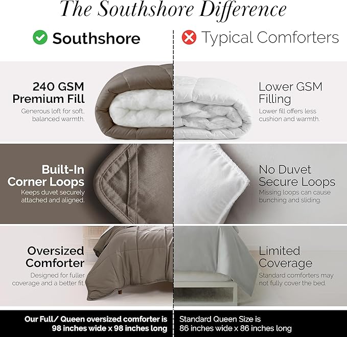 Southshore Fine Living, Inc. Queen Comforter, Full Size Bedding Comforters, Fluffy Down Alternative Taupe Comforter, Queen Size/Full, Pet Hair Resistant Bedding, Machine Washable, Dark Taupe