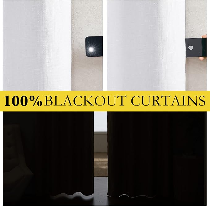 NICETOWN Rod Pocket 100% Blackout Linen Curtains for Living Room with Thermal Insulated Liner, White, 52" Wide, Long Curtains 95" Long 2 Panels Set, Thermal Insulated Privacy Drapes for Bedroom