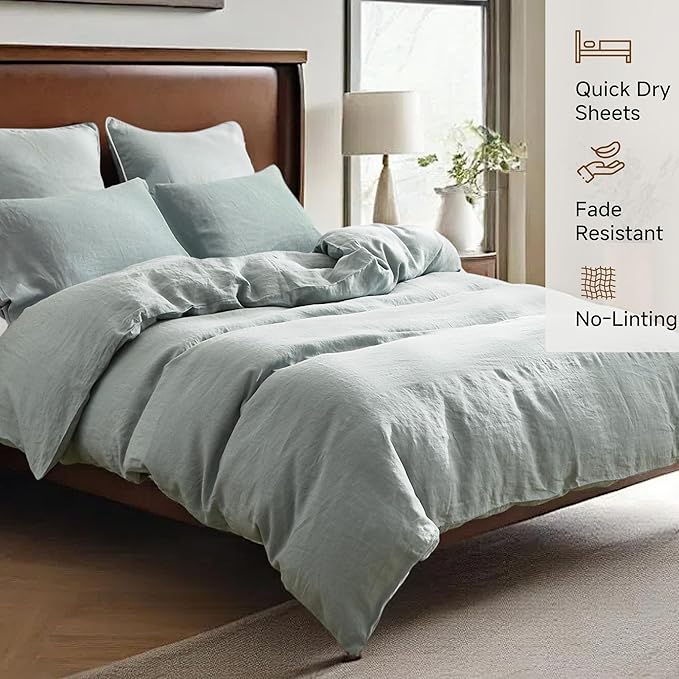 100% Linen Duvet Cover Set, 3 PCS Natural French Flax Dusty Blue Duvet Cover King Size, Breathable Soft Comfy Linen Bedding Comforter Cover with 2 Pillowcases(Dusty Blue, 104" x 92")