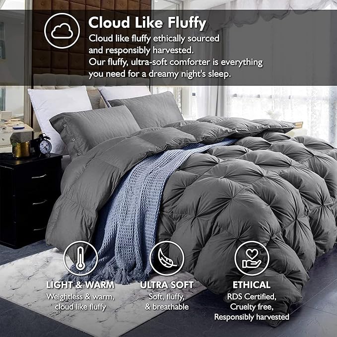 Luxurious Twin/Twin XL Goose Down Comforter, Unique Gray Pinch Pleat, 600 Thread Count, 100% Egyptian Cotton Cover, 65 Oz Fill Weight, 750 Fill Power