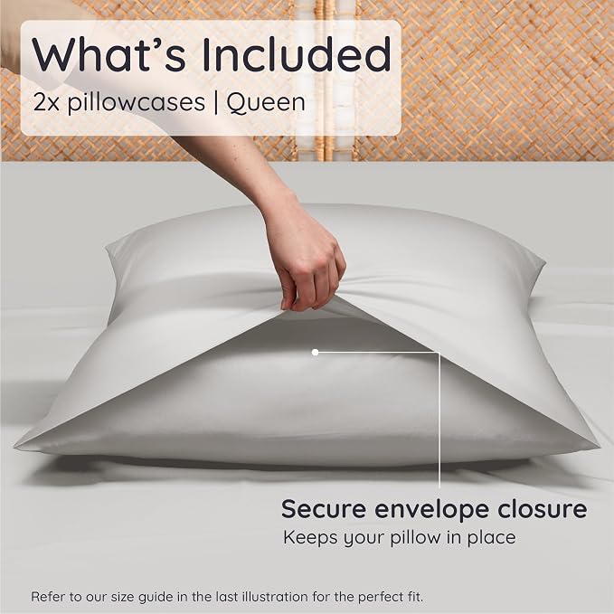 Bambaw 100% Viscose Derived from Bamboo Pillowcase Queen Size – Set of 2 Cooling Pillow Cases for Hair Protection, Envelope Pillow Cases Queen Size, Soft & Anti Acne Pillow Cases (Moonlight Gray)