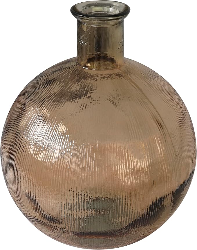 Deco 79 Recycled Glass Handmade Decorative Vase Spanish Bottle Neck Ribbed Centerpiece Vase, Flower Vase for Home Decoration 13" x 13" x 17", Brown