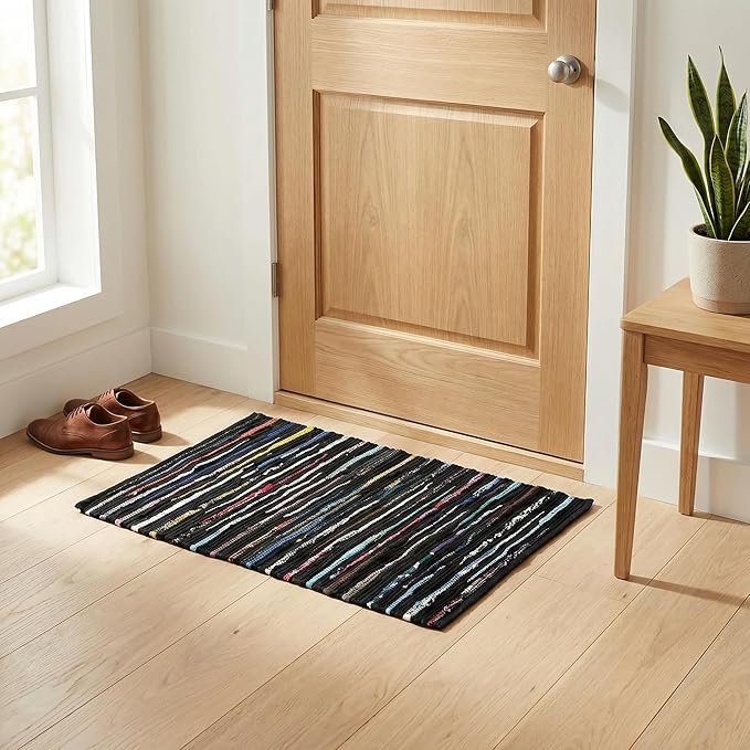 Cotton Hosiery Hand Woven Area Rug 2x3 Feet - Dark Multi, Accent Decorative Farmhouse Reversible Throw Indoor Carpet Ideal for Entryway, Kitchen, Laundry | Black Small Soft Floor Mat for Nursery