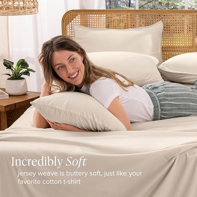 Bare Home 100% Organic Cotton Jersey Sheet Set, Ultra Soft, 100% Cotton - Sheet Set & Pillowcases - Deep Pocket Bed Sheets (Full, Sand)