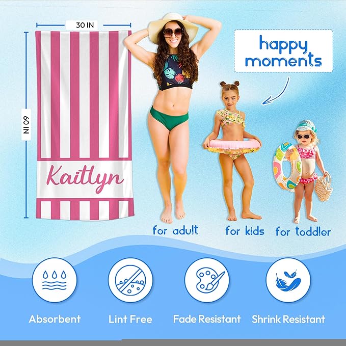 JML Personalized Beach Towel with Name, Custom Cabana Stripe Beach Towel, Customized Microfiber Pool Towel, Quick Dry & Absorbent Swim Towel for Adult,Anniversary, Birthday, Summer Holiday,Vacation