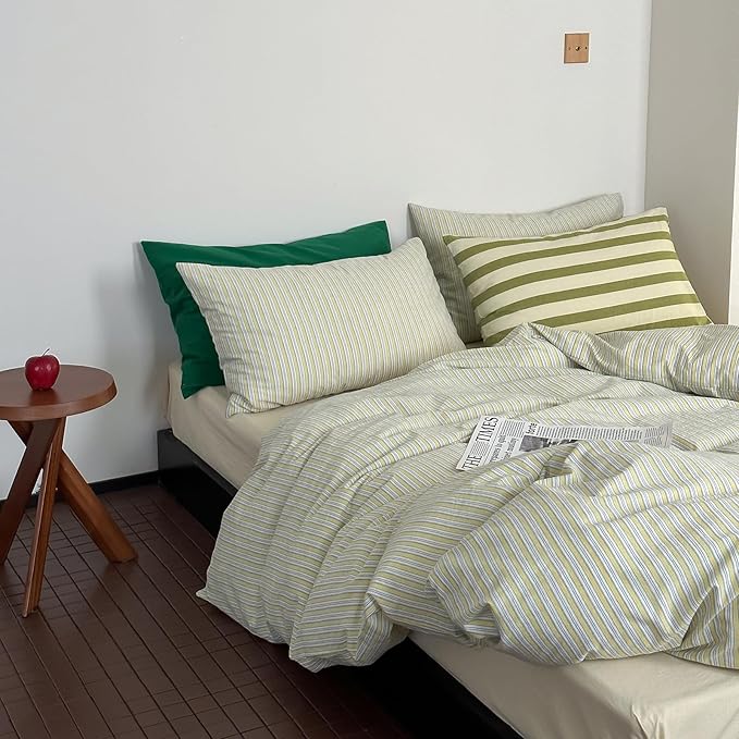 mixinni Vintage Geometric Striped Duvet Cover Set - 3 Piece 100% Washed Cotton Twin Size Bedding Set with Matching Pillowcases | Mid-Century Modern Design | Ultra Soft & Breathable-Twin Size